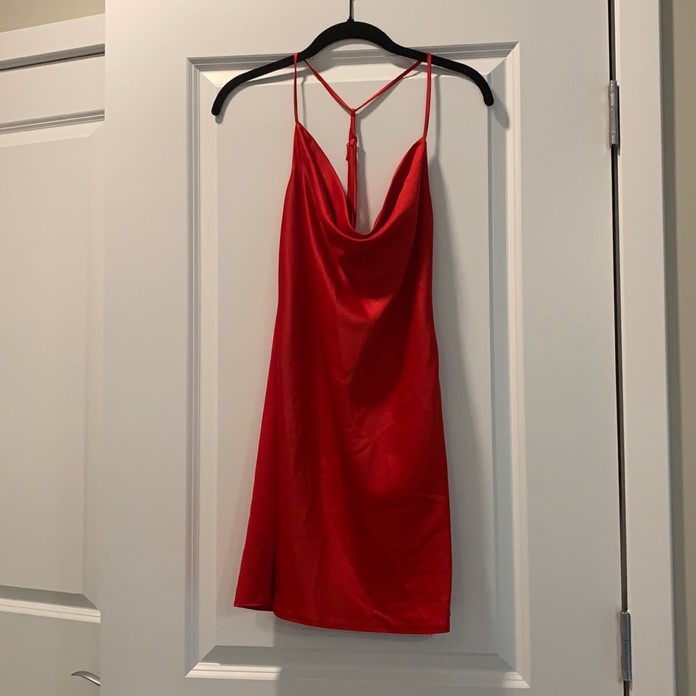 Red Cowel neck satin dress